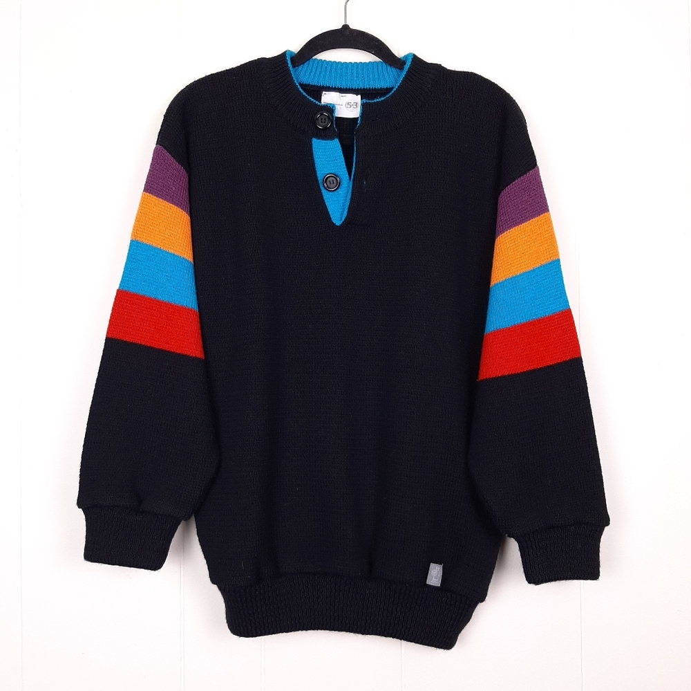 Runox vtg knit henley sweater oversized retro apres ski wool color block striped